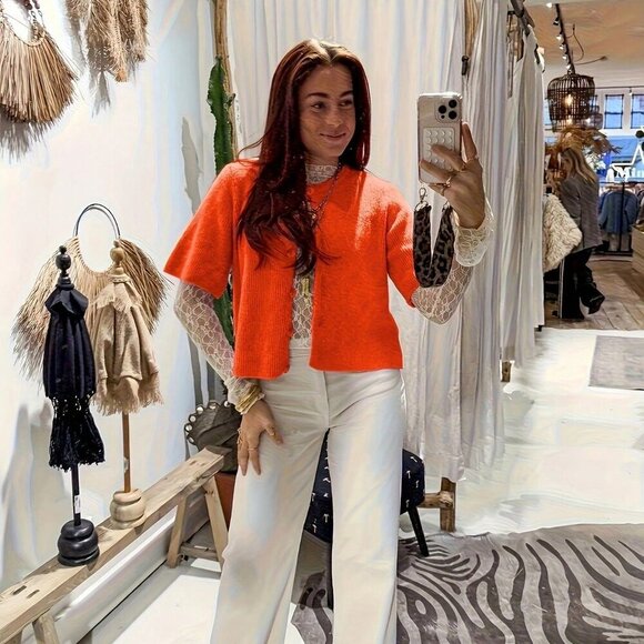 Orange Casual Womens Knitted Front Button short-Sleeved sweater Cardigan - Picture 4 of 5